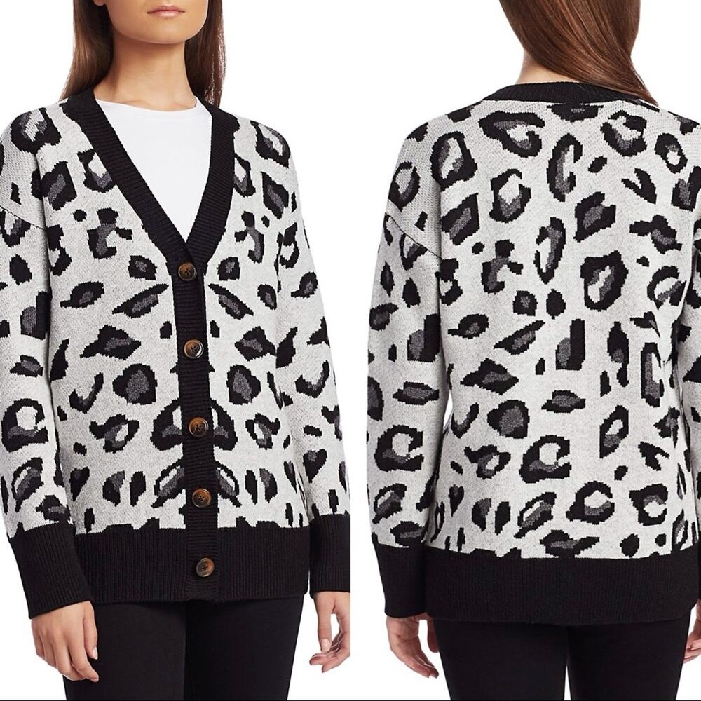 DESIGN HISTORY Sweater Cardigan Leopard Jacquard Gray Black NWT Size Medium